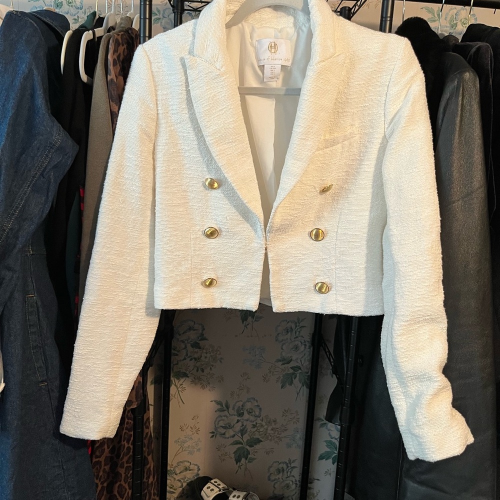 Women's White Cropped Jacket with Gold Buttons